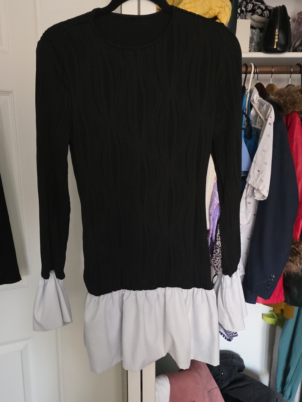 Women's Black Knit Dress with White Ruffle Hem